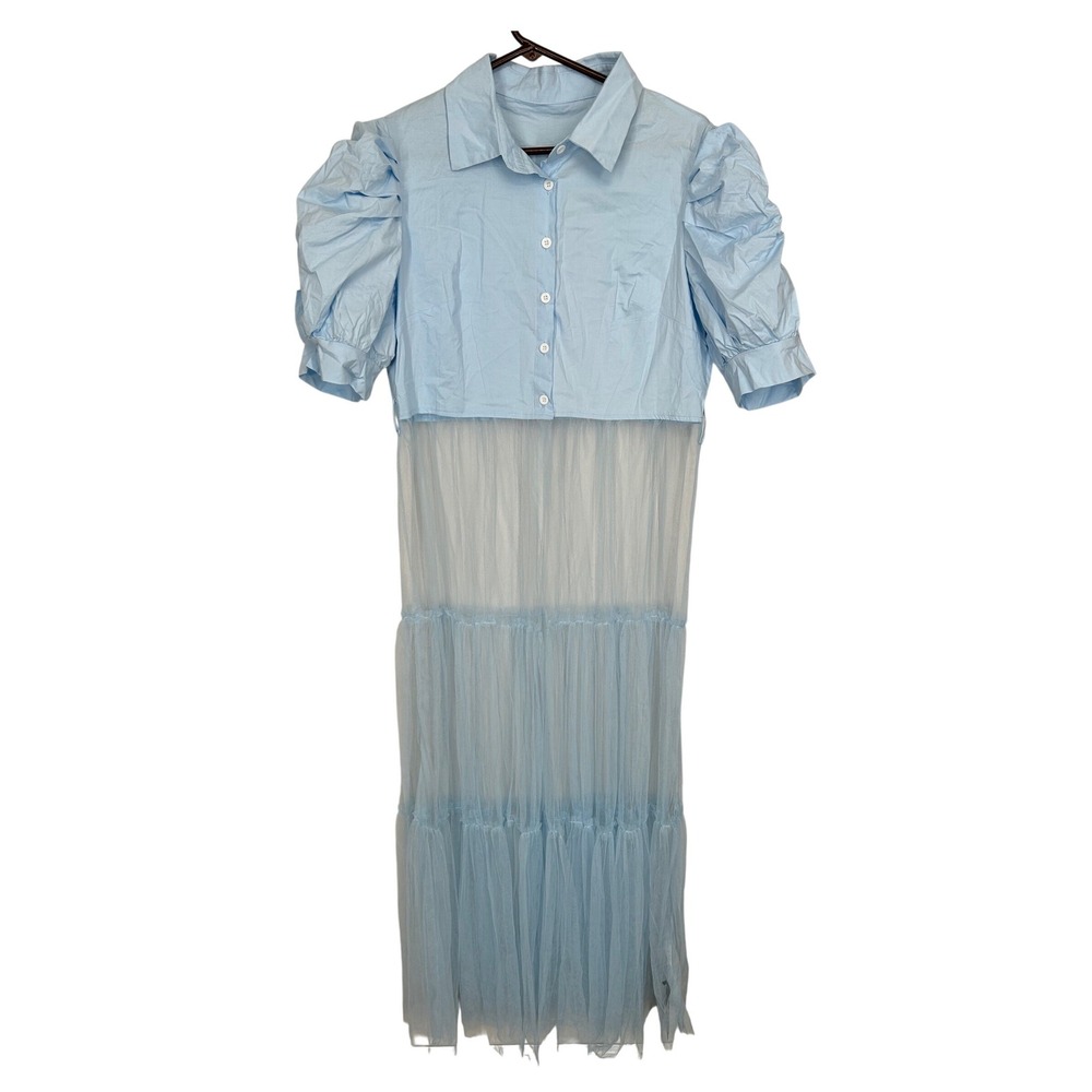 Unique Dress Button Up Top Open Layered Mesh Bottom Women's Size XL NWT Lt Blue